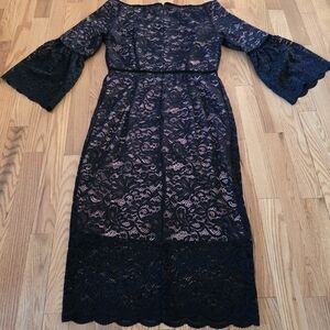 DuJour Black Lace Midi Dress with Bell Sleeves